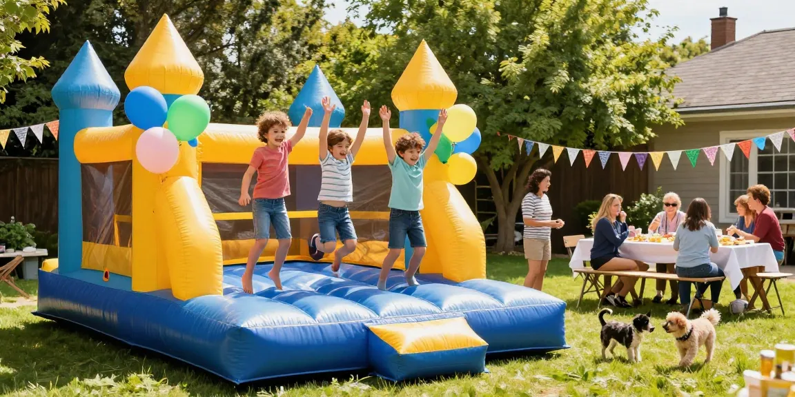 Children enjoying a bounce house at a sunny birthday party with festive decorations.