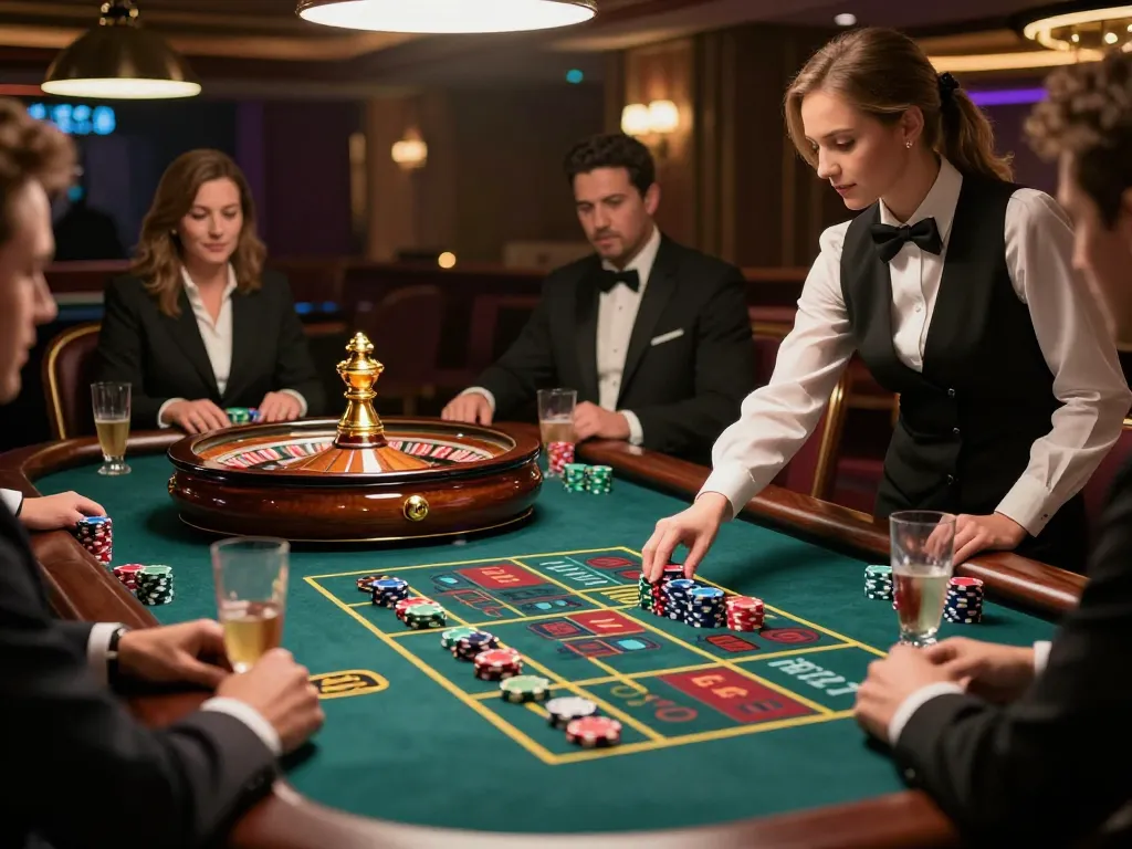 Người chơi LUCK8 tận hưởng trải nghiệm chơi roulette gay cấn tại bàn casino sang trọng dưới ánh sáng nền.