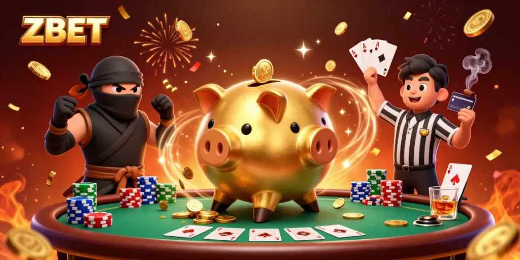 ZBET showcases a lively casino scene with a golden piggy bank wrestler and dynamic gaming elements, celebrating wins.