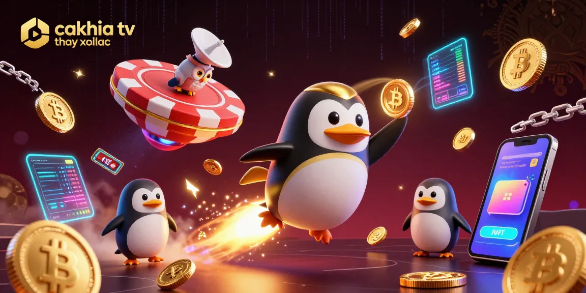 Enhance your gaming with cakhia tv thay xoilac showcasing vibrant 3D cartoon gold penguin and casino elements.