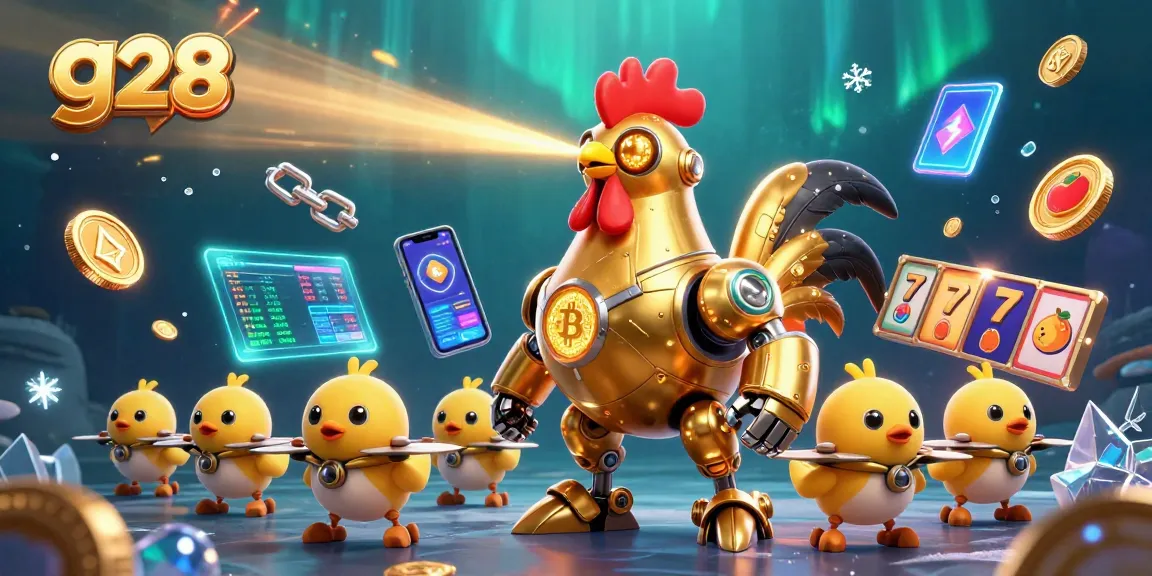 Experience g28's gaming thrills with a futuristic golden rooster robot and crypto elements.