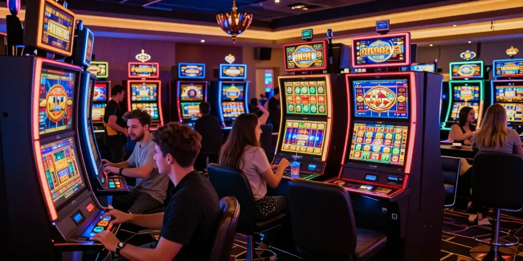 Slot mesin yang beragam dengan pemain strategis di kasino yang ramai.