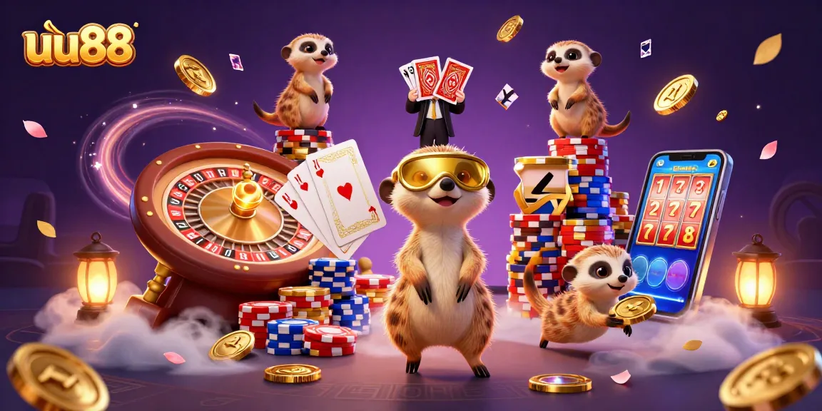 Experience thrilling gameplay at uu88 with a vibrant meerkat casino scene featuring card games and dynamic elements.
