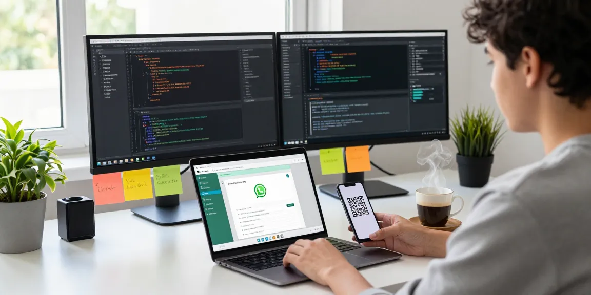 Efficient workspace with WhatsApp網頁版 on laptop and QR code on phone, showcasing modern productivity.