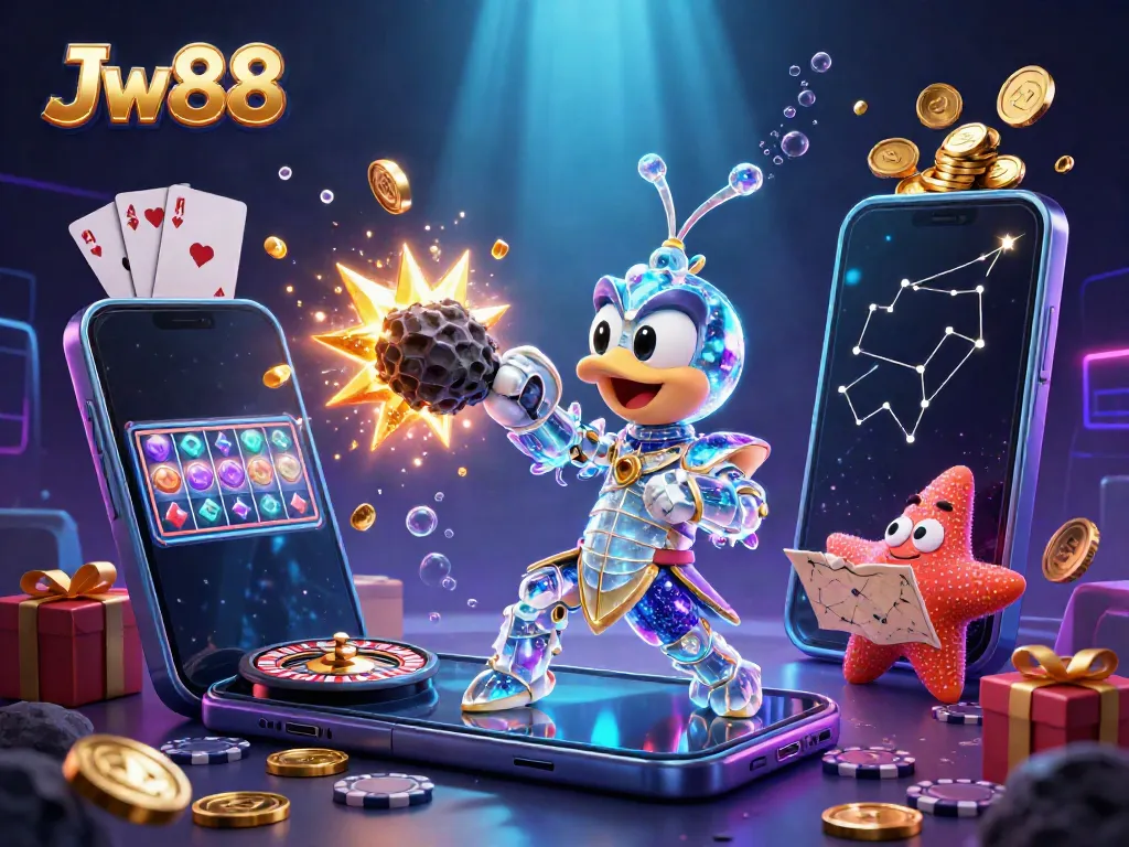 Visualize Jw88 action with a cartoon mantis shrimp and starfish amidst exploding gems and dynamic casino elements.