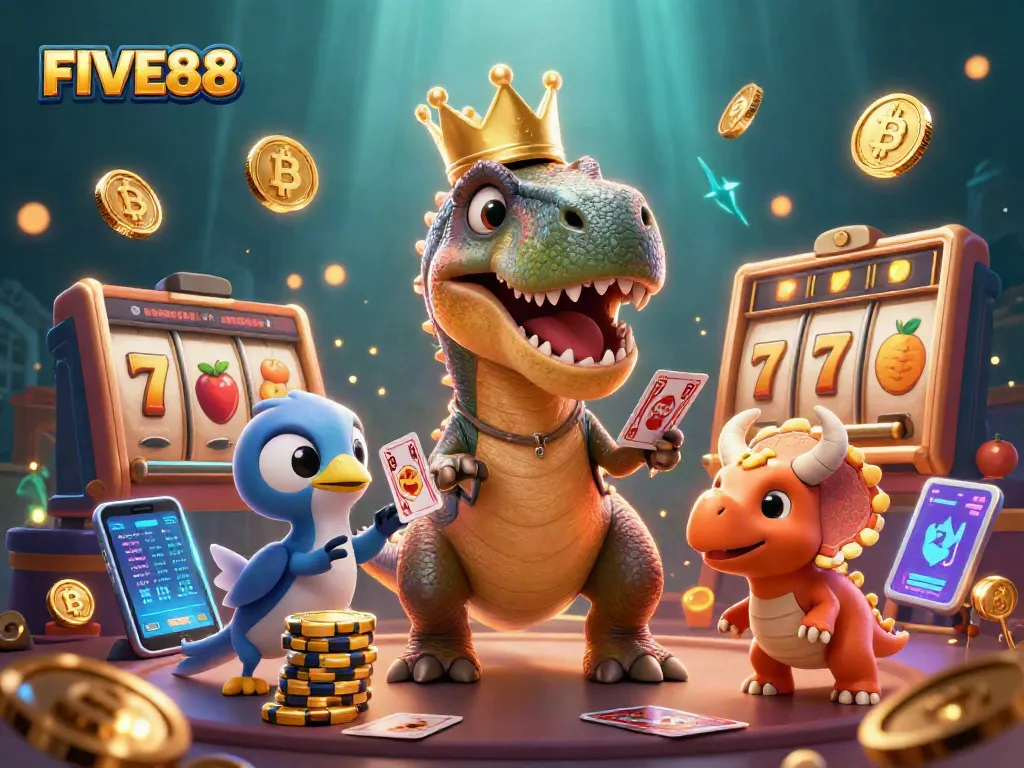 Engage in exciting gameplay at FIVE88 with friendly cartoon characters enjoying slots and crypto!