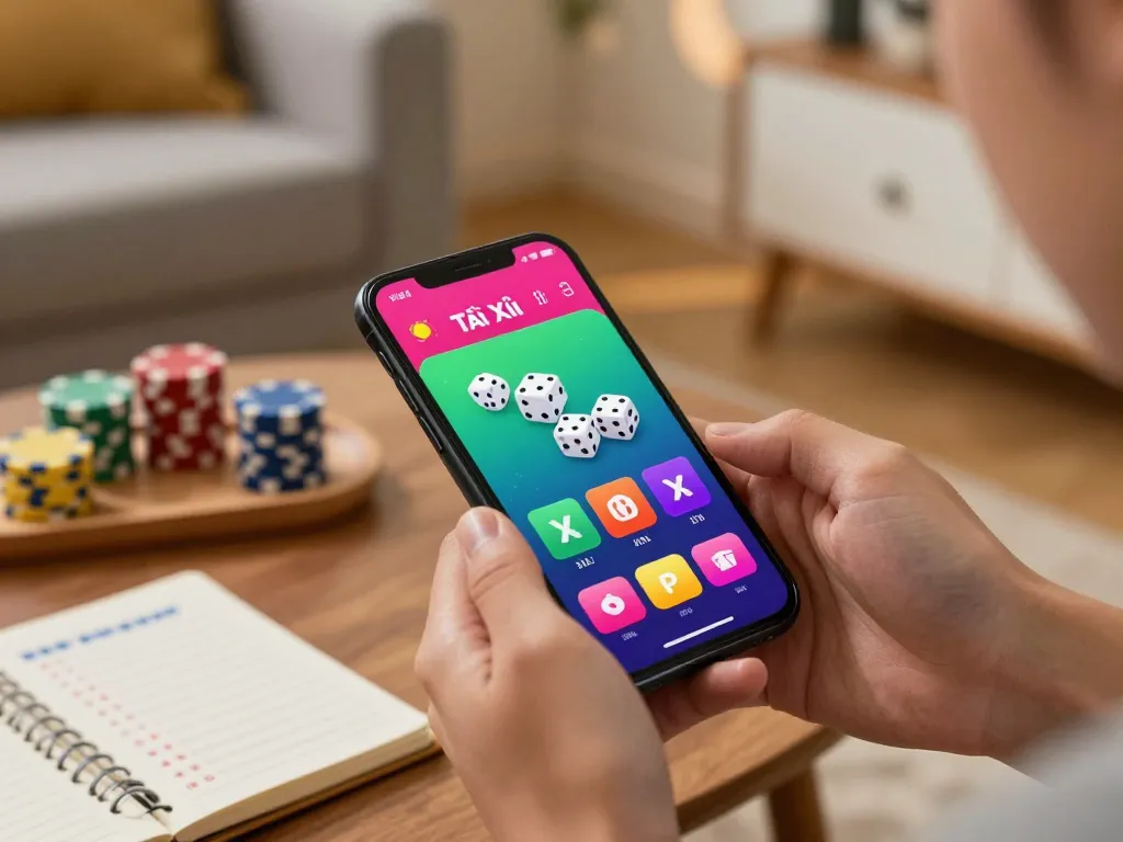 Playing app tài xỉu online on a smartphone with vibrant dice graphics in a cozy home environment