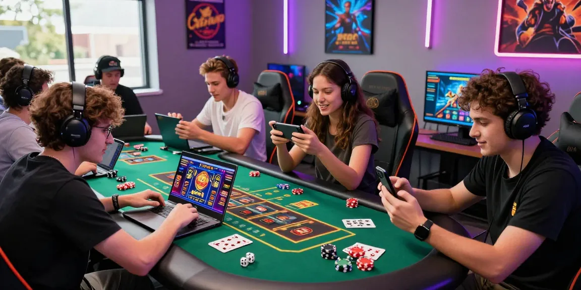 Engaging scene of diverse players enjoying 68gamebai on various devices, showcasing lively online gaming.