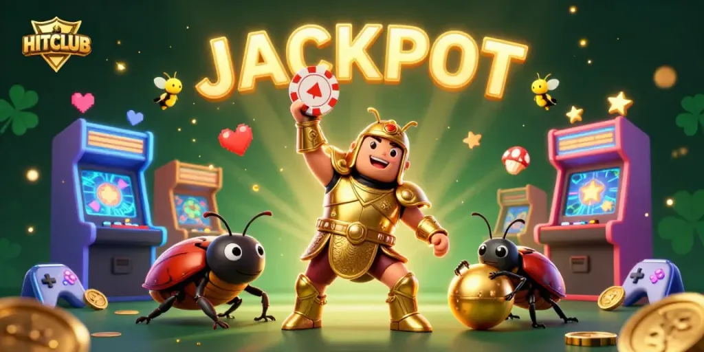 HITCLUB champions winning moments with a cartoon beetle celebrating a jackpot in a lively gaming atmosphere.