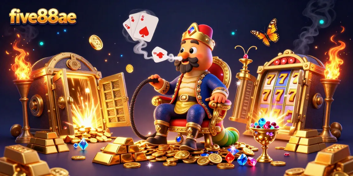 Engage with five88ae's illustrated gaming atmosphere featuring vibrant slot reels, gold coins, and lucky symbols.