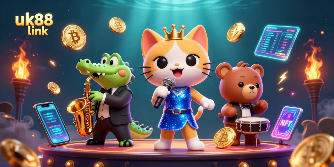 Join the fun at UK88 link casino with vibrant characters and glowing crypto elements.
