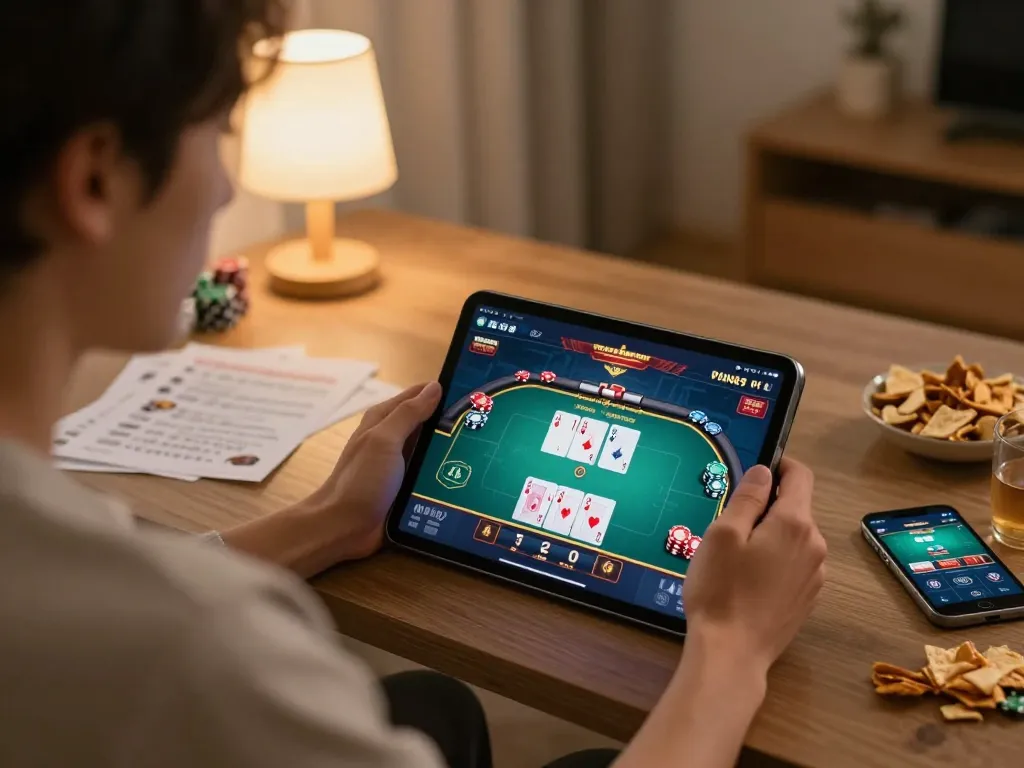 Người chơi tham gia vào một trò chơi poker trên KO66 trong khi ngồi ở nhà, thể hiện một thiết lập chơi game ấm cúng với ghi chú chiến lược và đồ ăn nhẹ.