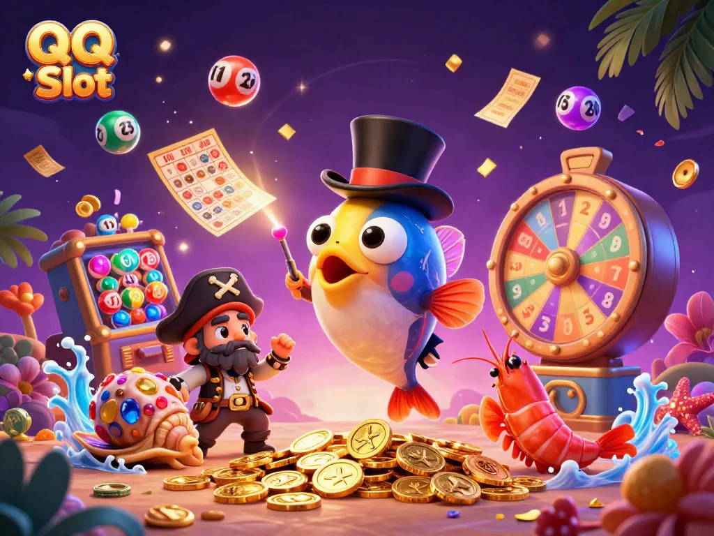 Spin the reels with QQ Slot as a deep-sea anglerfish, pirate shrimp, and gem snail attract golden coins amidst a dynamic casino scene.