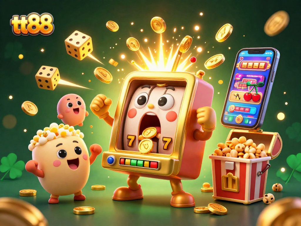 Experience jackpot excitement with tt88's animated slot machine bursting with coins amidst a lively casino scene.