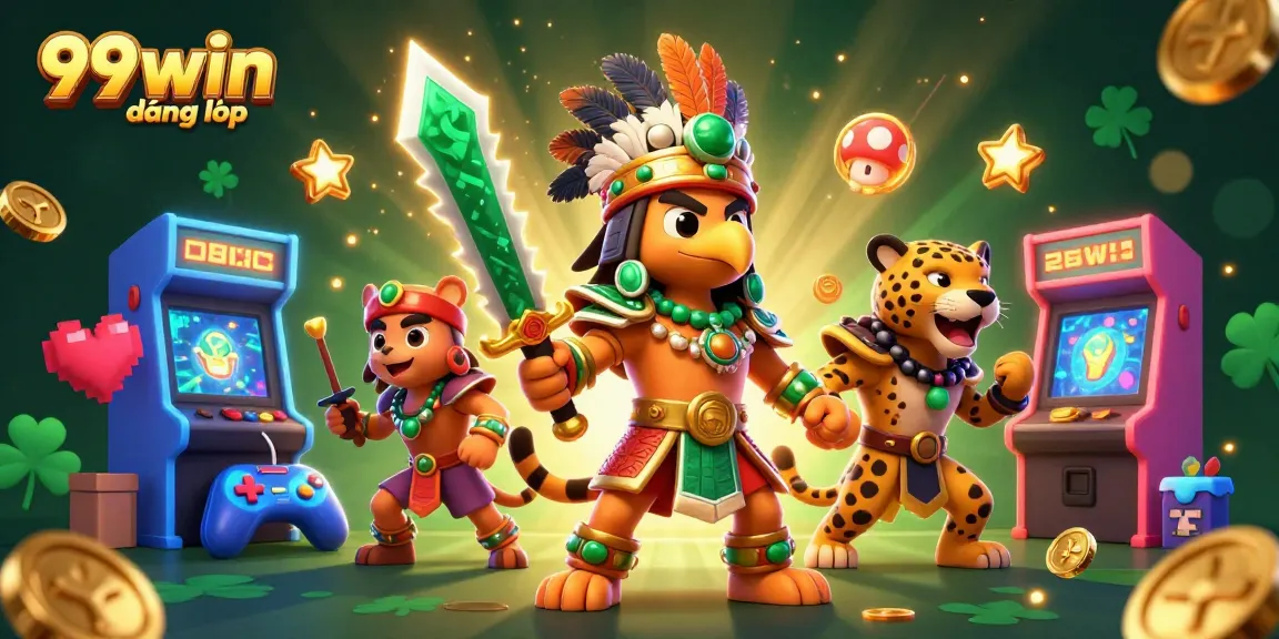 Join the excitement at 99win đăng nhập, where Aztec warriors battle amidst vibrant casino gaming elements.