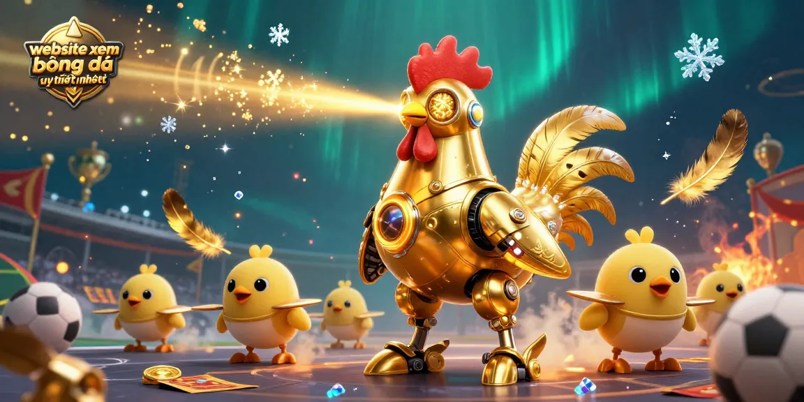 Experience the thrill of betting on website xem bóng đá uy tín nhất with vivid imagery of a champion rooster robot leading the action!