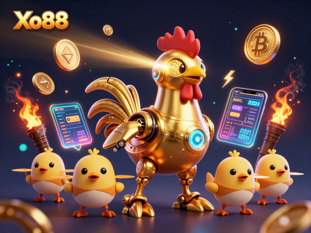 Xo88 players engage in an exciting 3D gaming adventure with a golden rooster character surrounded by cryptocurrency elements.