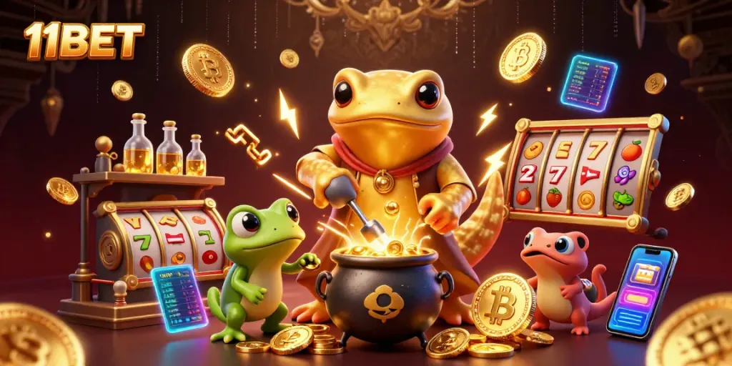 Spin the reels and win with 11BET's vibrant casino atmosphere filled with gold coins and neon lights.