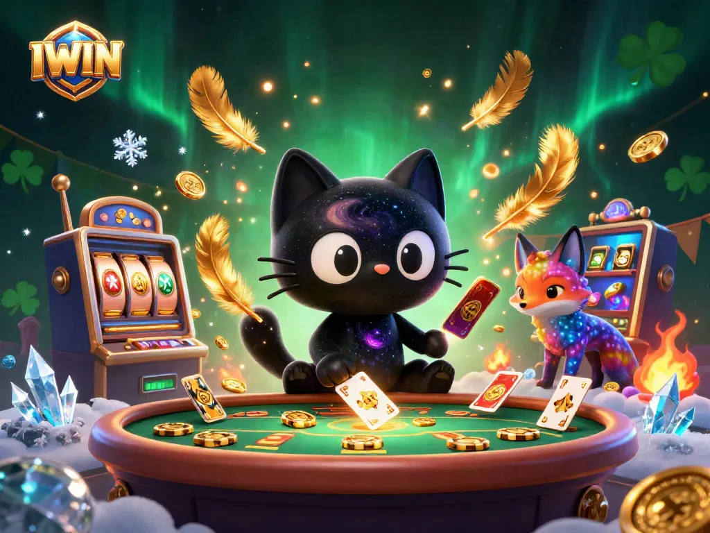 IWIN casino black hole cat attracts chips and cards in a vibrant cosmic setting.