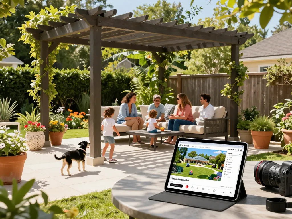 Experience a beautifully designed backyard pergola using the 3D Pergola Configurator with family enjoying a sunny day.