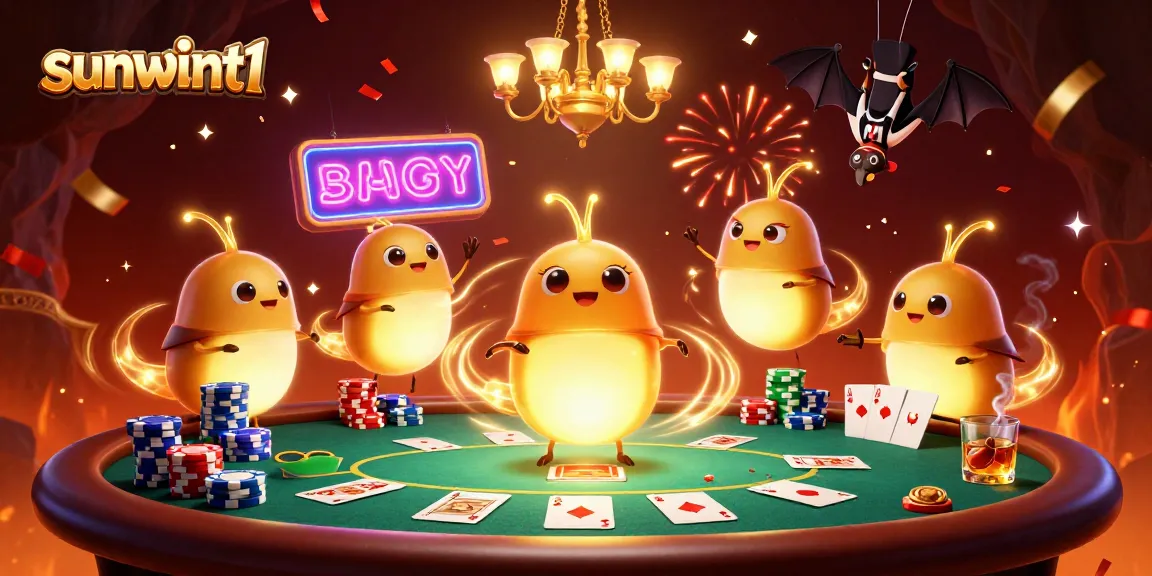 Experience lively gaming at sunwint1 with a vibrant illustration of bioluminescent characters in a casino