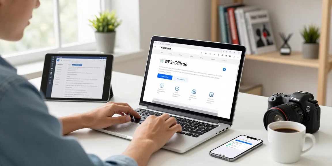 WPS Download page displayed on a laptop in a well-organized home office.
