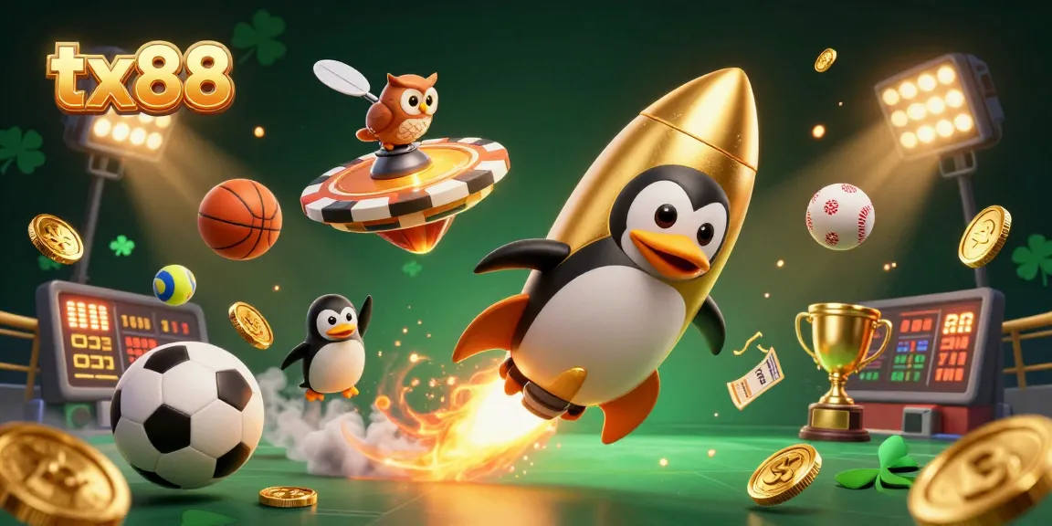 Experience tx88 with a rocket-powered penguin racing toward a casino space station amidst golden coins and sports elements.