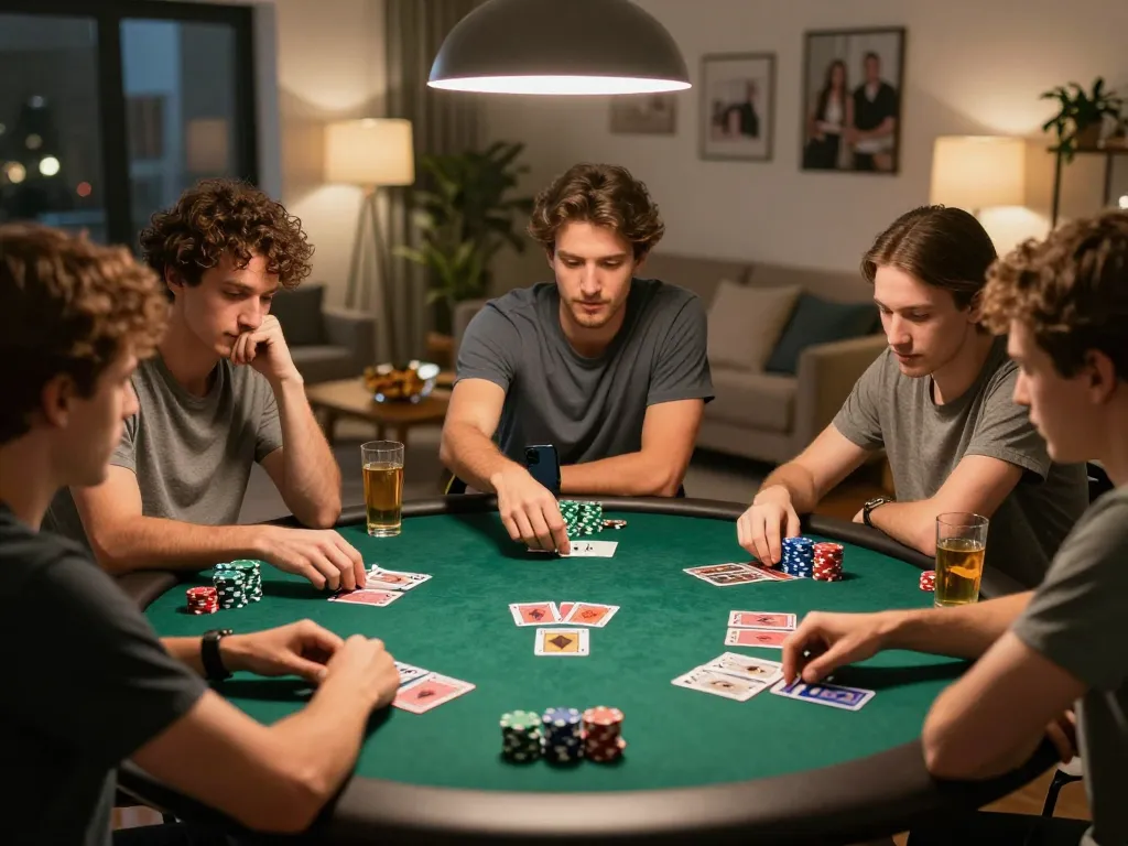 In a cozy home setup, friends enjoy poker with Lu 88 strategies, snacks, and drinks enhancing the social gaming atmosphere