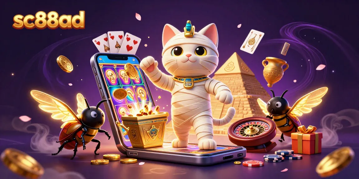 Spin colorful slots and win with sc88ad in this vibrant casino scene featuring a mummy cat and scarab.