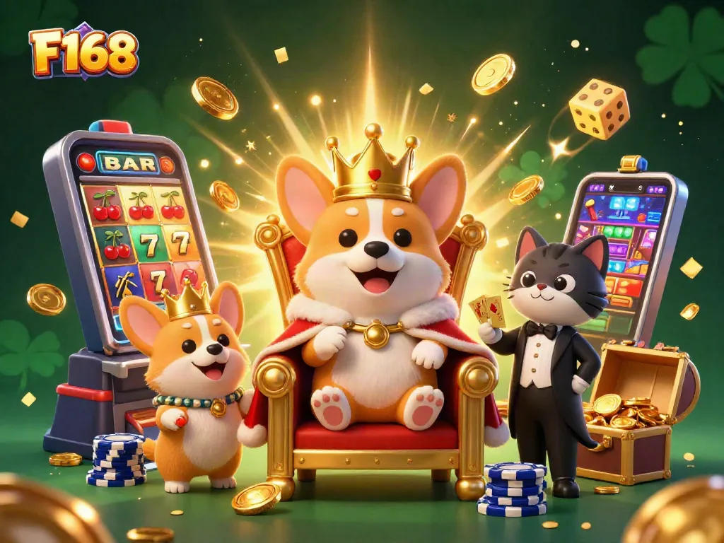 Experience thrills at F168 with a royal corgi and butler in a vibrant casino scene.