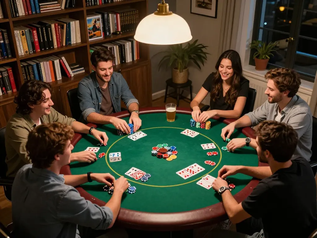Friends engage in an exciting poker night using the 9betgame strategy, lively atmosphere with snacks and drinks.