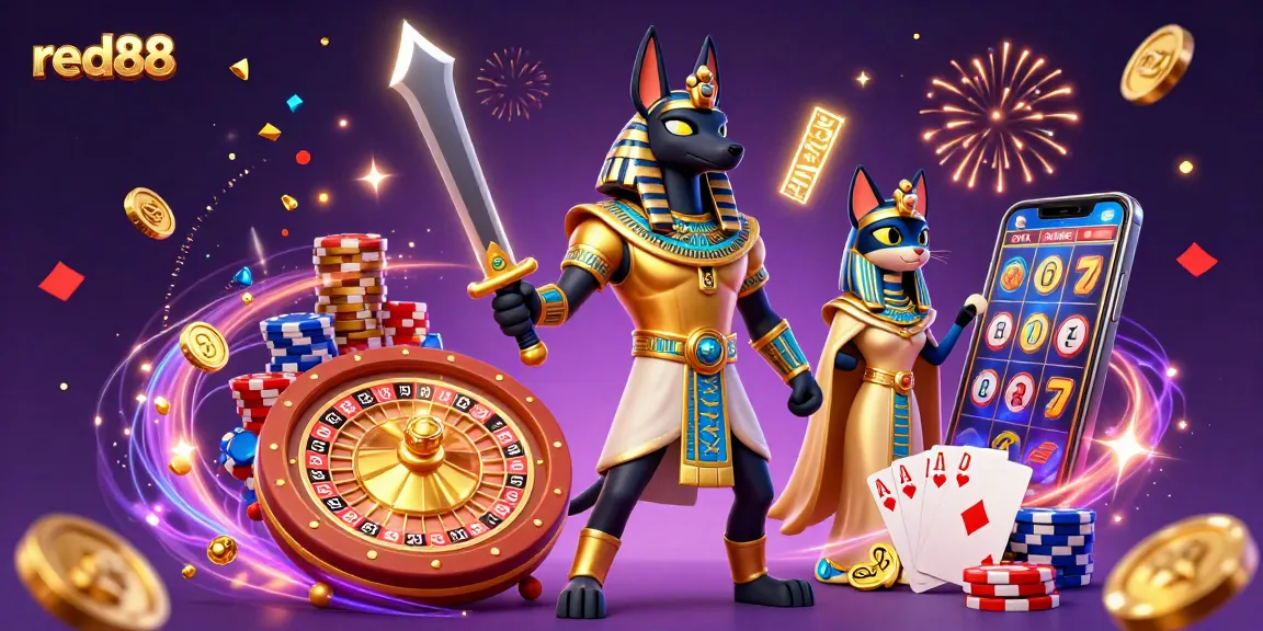 Spin the reels at red88 with an epic Anubis scene filled with casino elements.