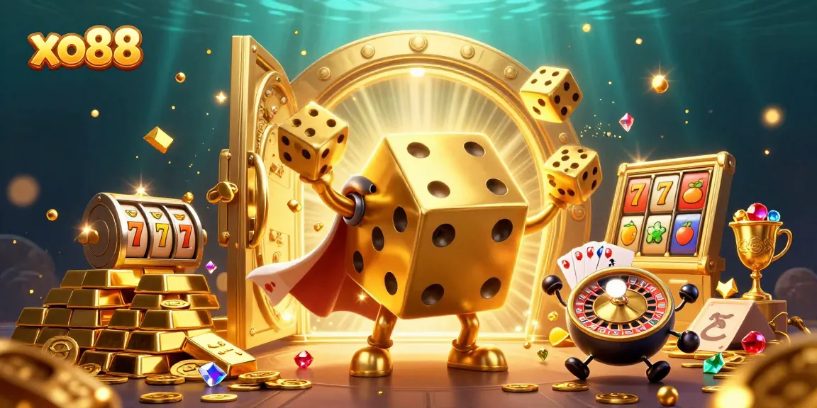 Experience thrilling gameplay with xo88's lively 3D casino scene featuring a golden dice golem and slot elements.