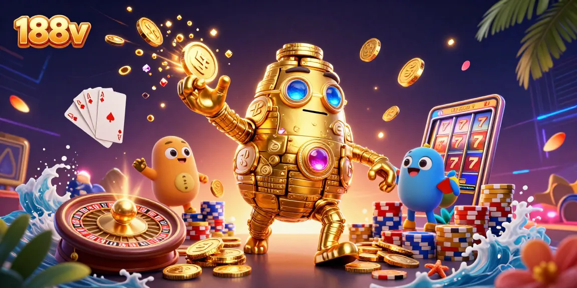 Engage with the thrilling world of 188v, featuring a golden golem and dynamic casino elements.