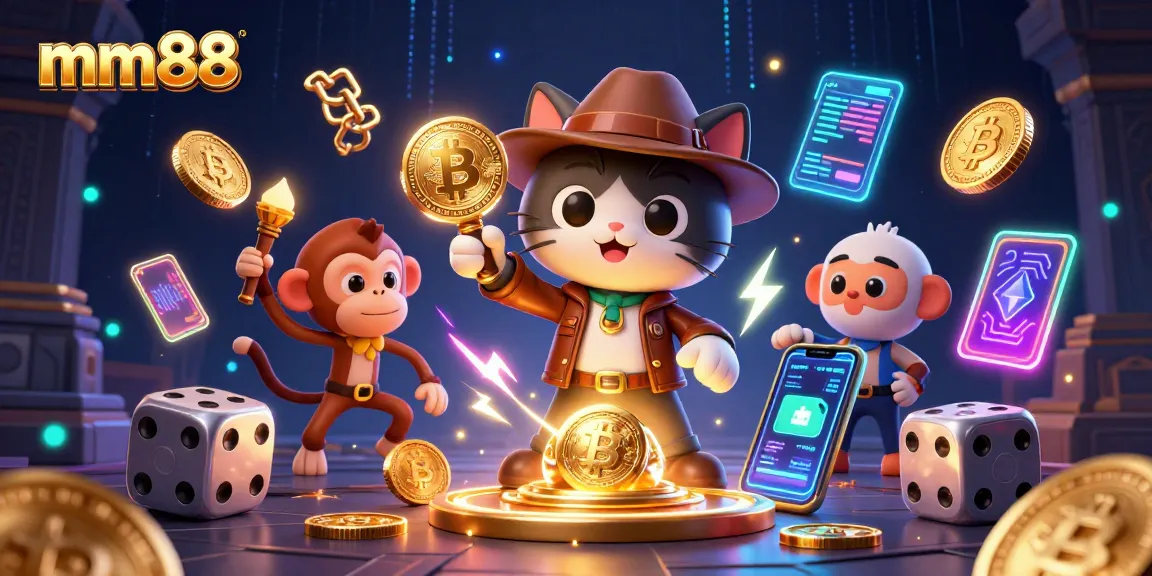 mm88 gaming adventure with a cat explorer discovering treasures in a vibrant casino-themed scene.