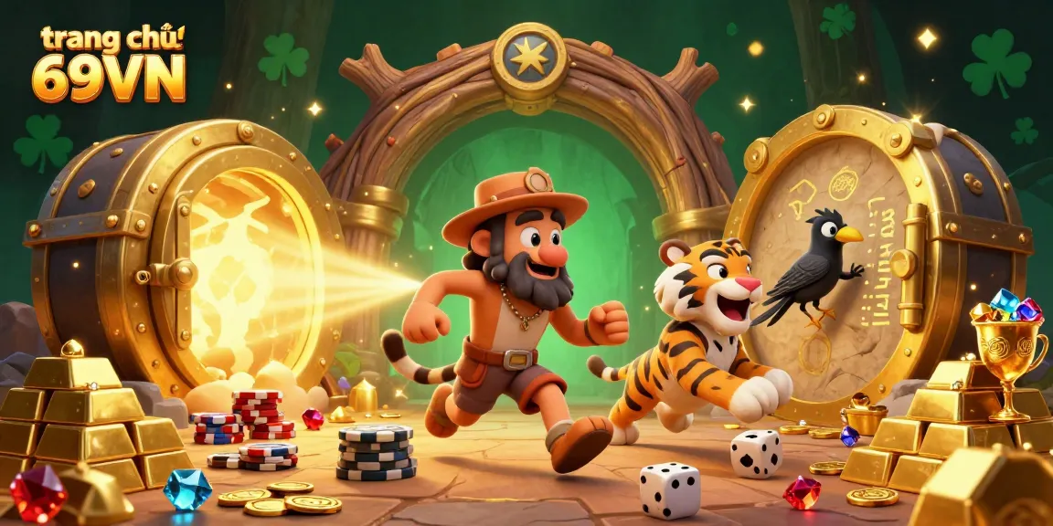 Experience the thrill of gaming at trang chủ 69VN, featuring a whimsical caveman and tiger duo in a prehistoric casino.
